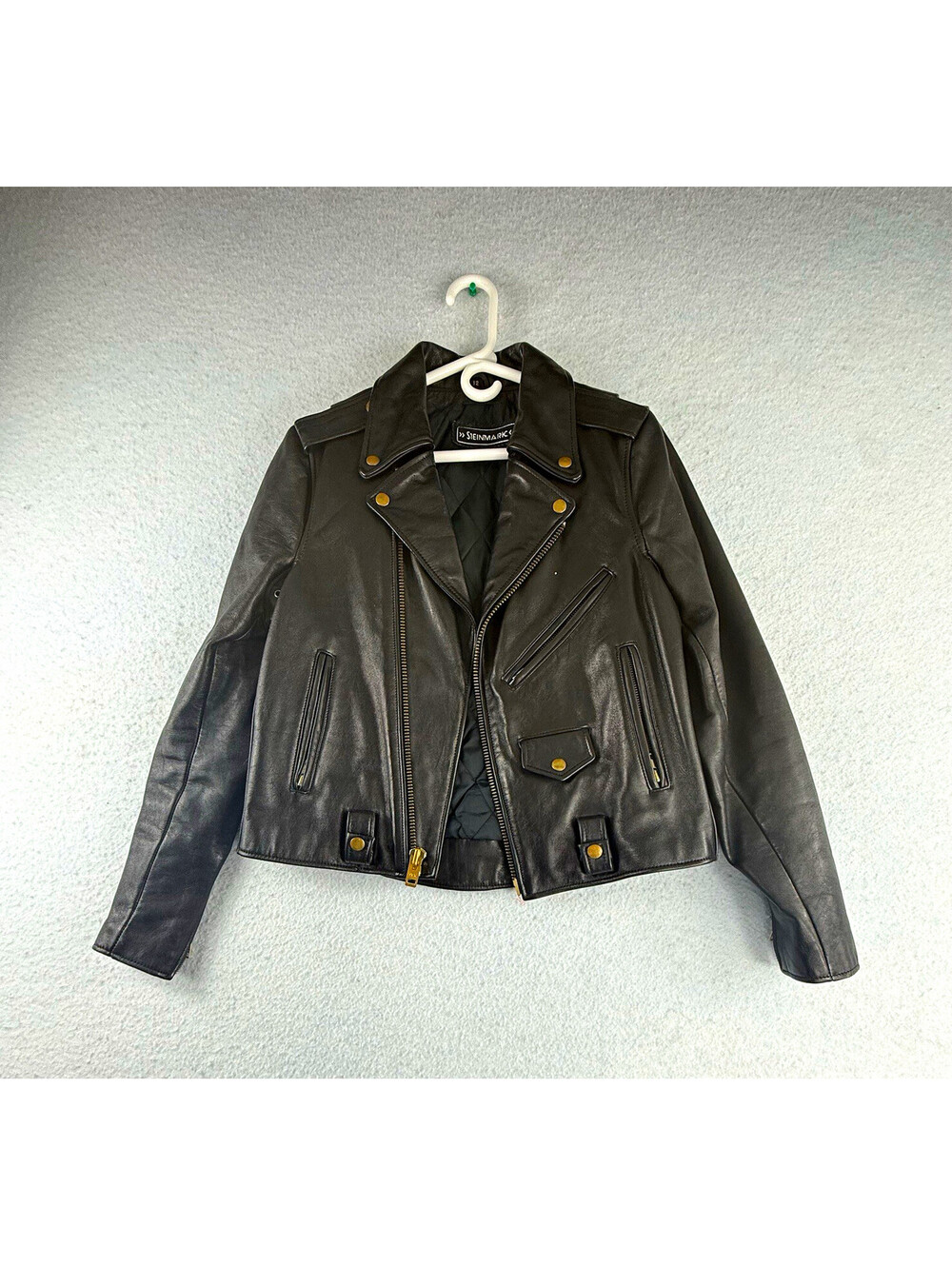 Steinmark Womens Black Leather Biker Jacket Size 12 YKK Zip Lined Pockets